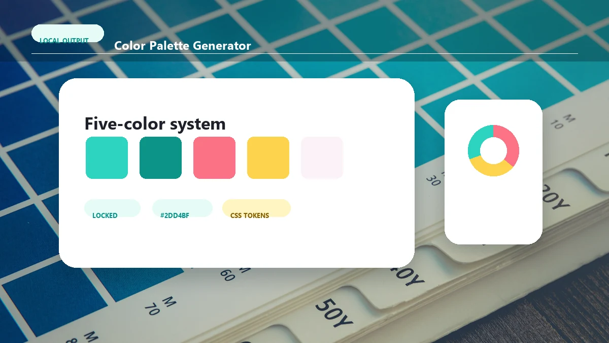 CMYK 色卡照片，上方叠加五色配色方案预览。